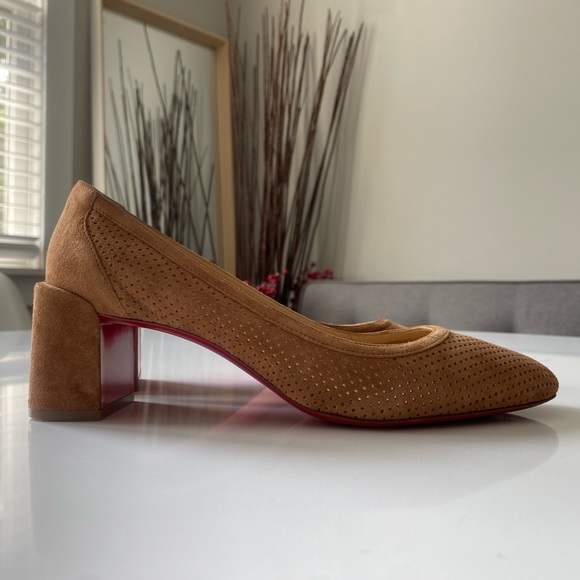 Christian Louboutin Shoes - Christian Louboutin “Incastrana 55” Suede Perforated Block Heel Tan Pumps 8